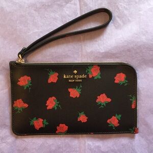 Kate Spade Black Red Floral Rose Wallet Wristlet Clutch
